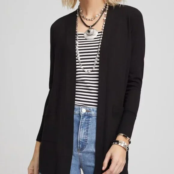 Chico's Women's Navy Blue Shawl Collar Asymmetrical Open Front Cardigan Sz 1/M - Picture 3 of 11